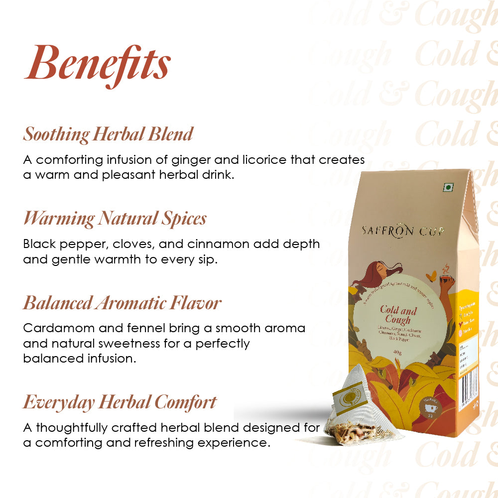 Saffron Cup Cold & Cough Herbal Infusion – 20 Tea Bags (Premium Pyramid Tea bags) - saffroncup