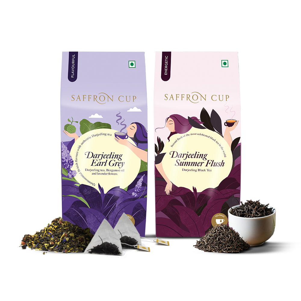 Saffron Cup Darjeeling Tea Bag Combo - Earl Grey Black + Summer Flush Black (Premium Pyramid Tea Bags) - saffroncup