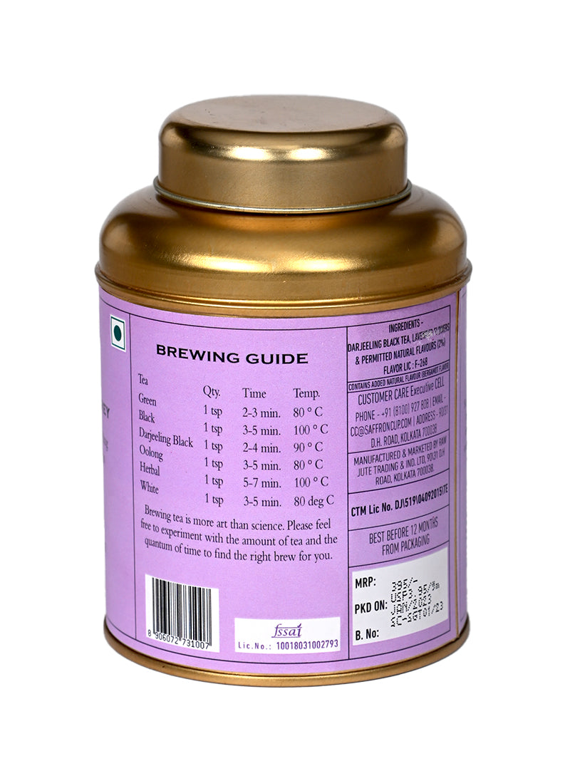 Saffron Cup Darjeeling Earl Grey Black Tea | Strong Darjeeling Tea Blended with Bergamot Flavour and Lavender Flowers | Loose Tea Leaves 100 gm | 50 Cups | 100% Natural Teas - saffroncup