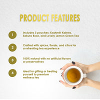 Thumbnail for Saffron Cup Green Tea Combo | Kashmiri Kahwa + Sakura Rose + Lemon Green