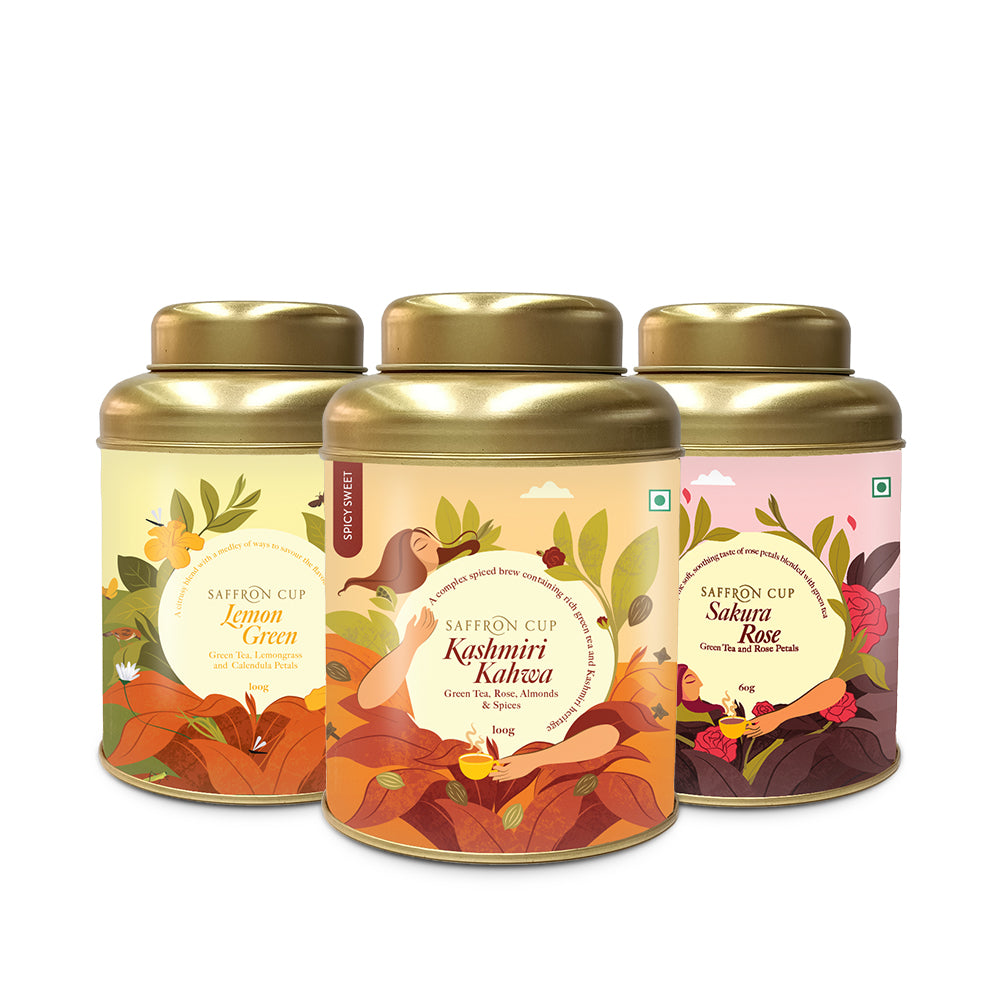 Saffron Cup Green Tea Combo | Kashmiri Kahwa + Sakura Rose + Lemon Green