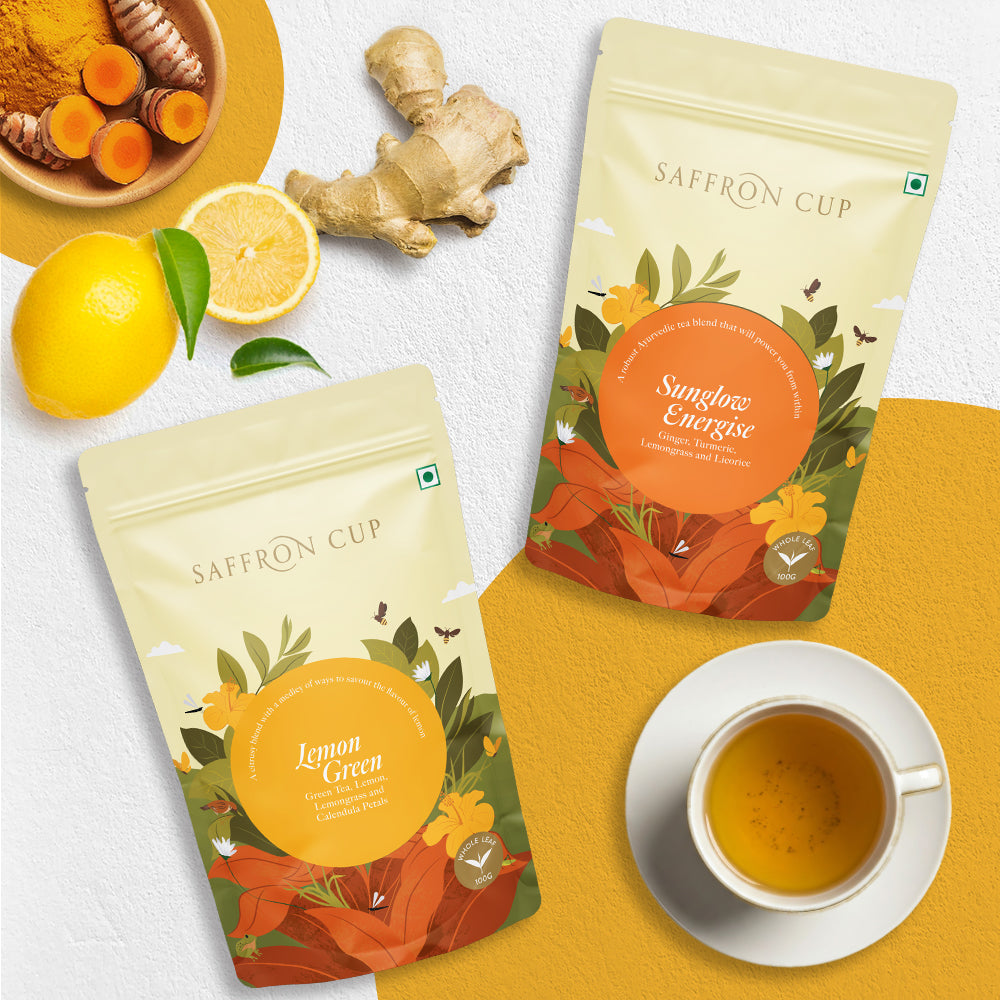 Saffron Cup Herbal Tea Combo | Sunglow Energize + Lemon Green (Airtight Zip-Lock Pouch) - saffroncup