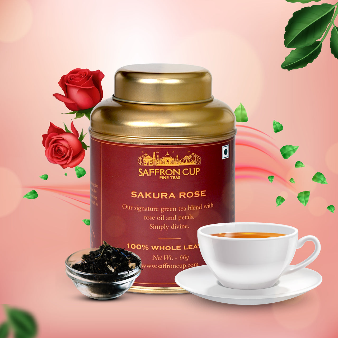 Sakura Rose Green Tea – 60g | Green Tea with Rose Petals - saffroncup