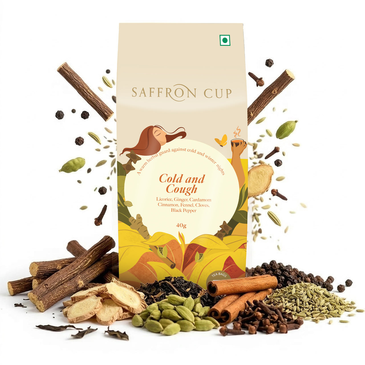 Saffron Cup Cold & Cough Herbal Infusion – 20 Tea Bags (Premium Pyramid Tea bags) - saffroncup