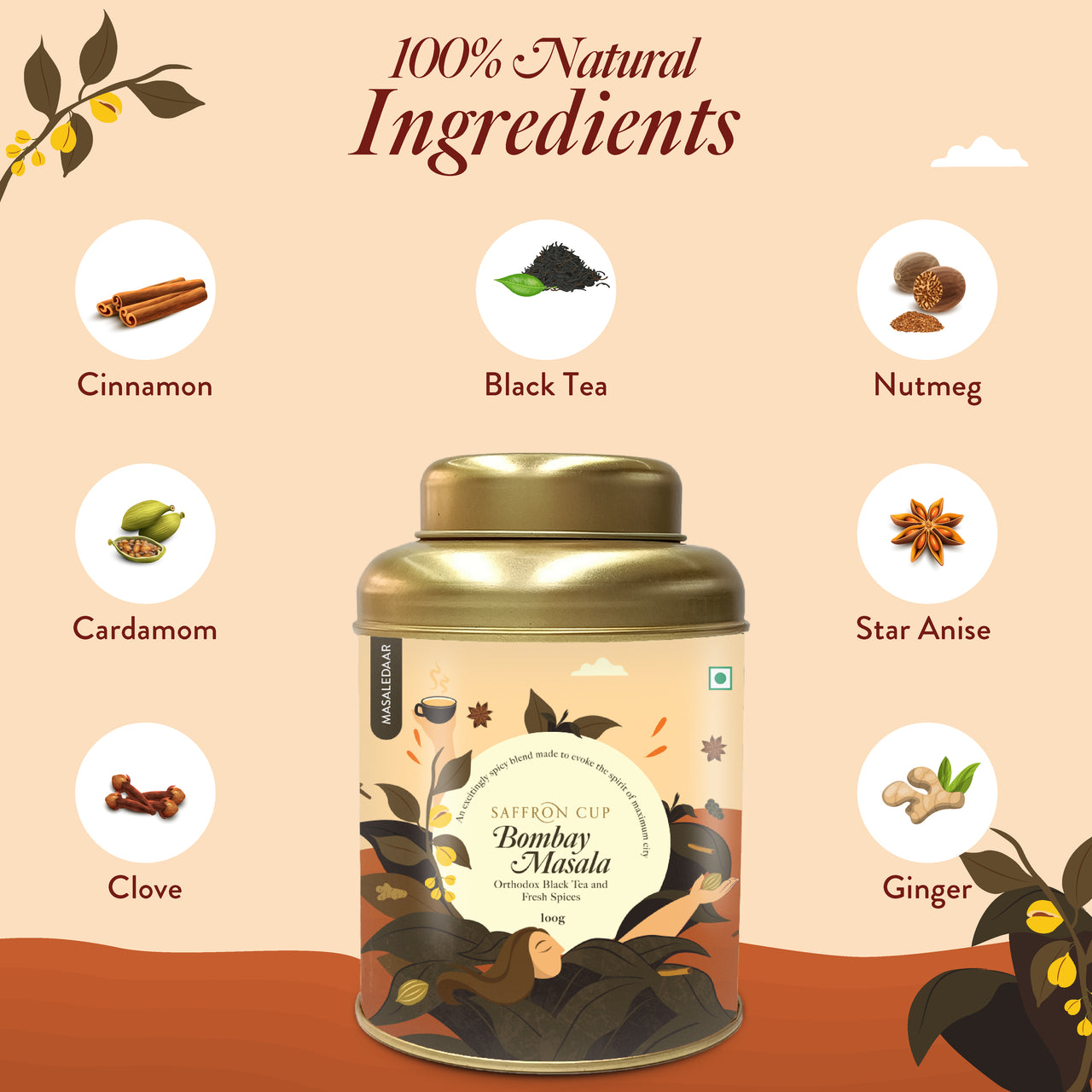 Bombay Masala Black Tea – 100g | Ginger, Cardamom, Cinnamon, Cloves - saffroncup