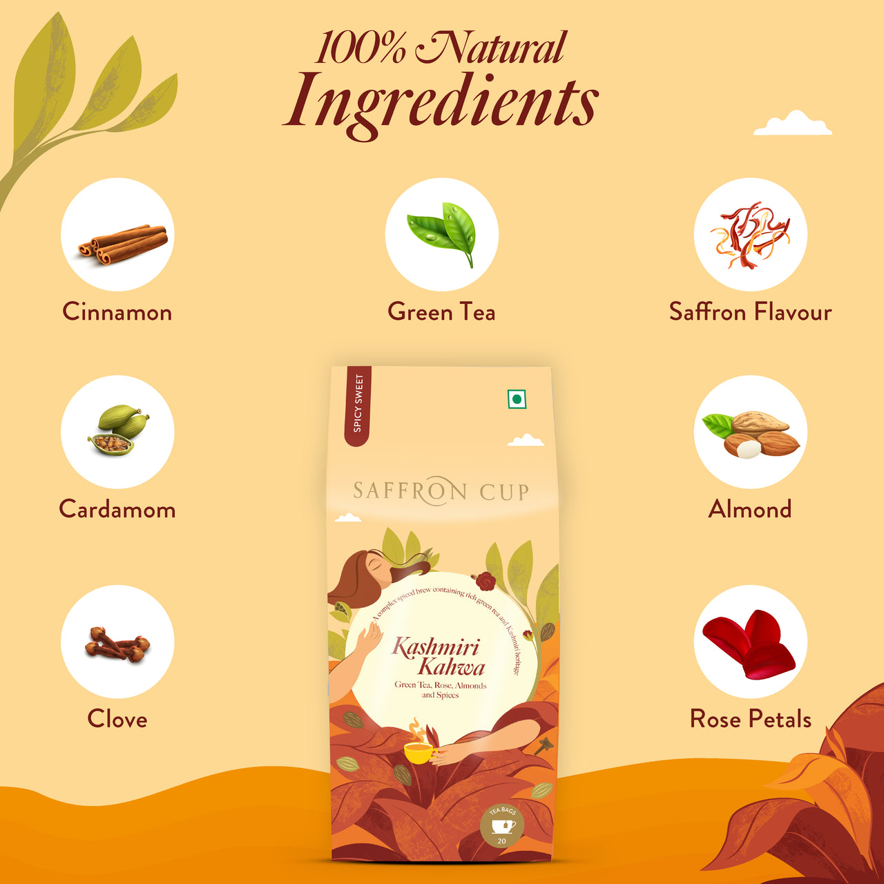Kashmiri Kahwa Green Tea Bags – 20 Tea Bags | Sweet Kahwa