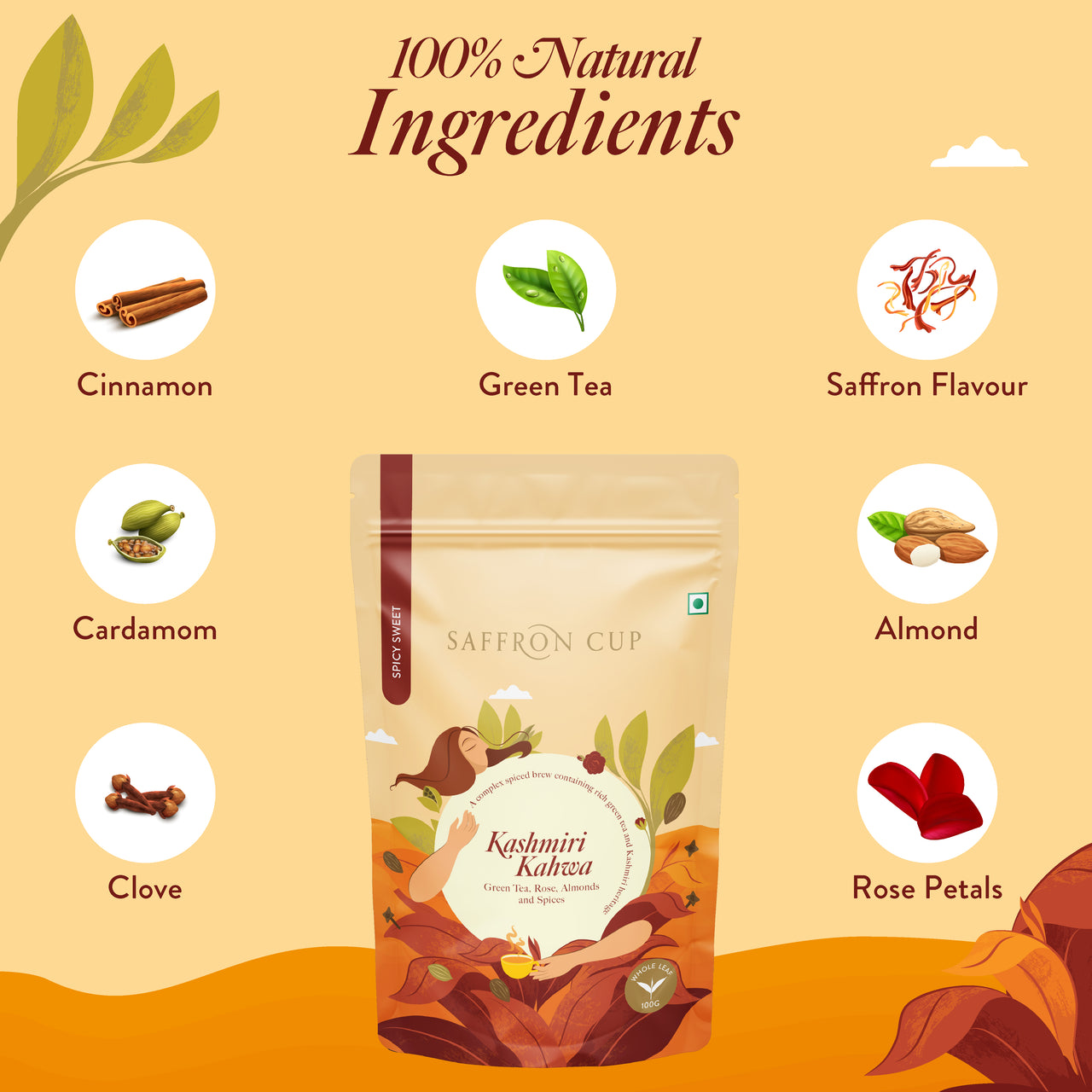 Kashmiri Kahwa Green Tea – 100g | Saffron-Infused, Cardamom, Cinnamon, Almonds - saffroncup