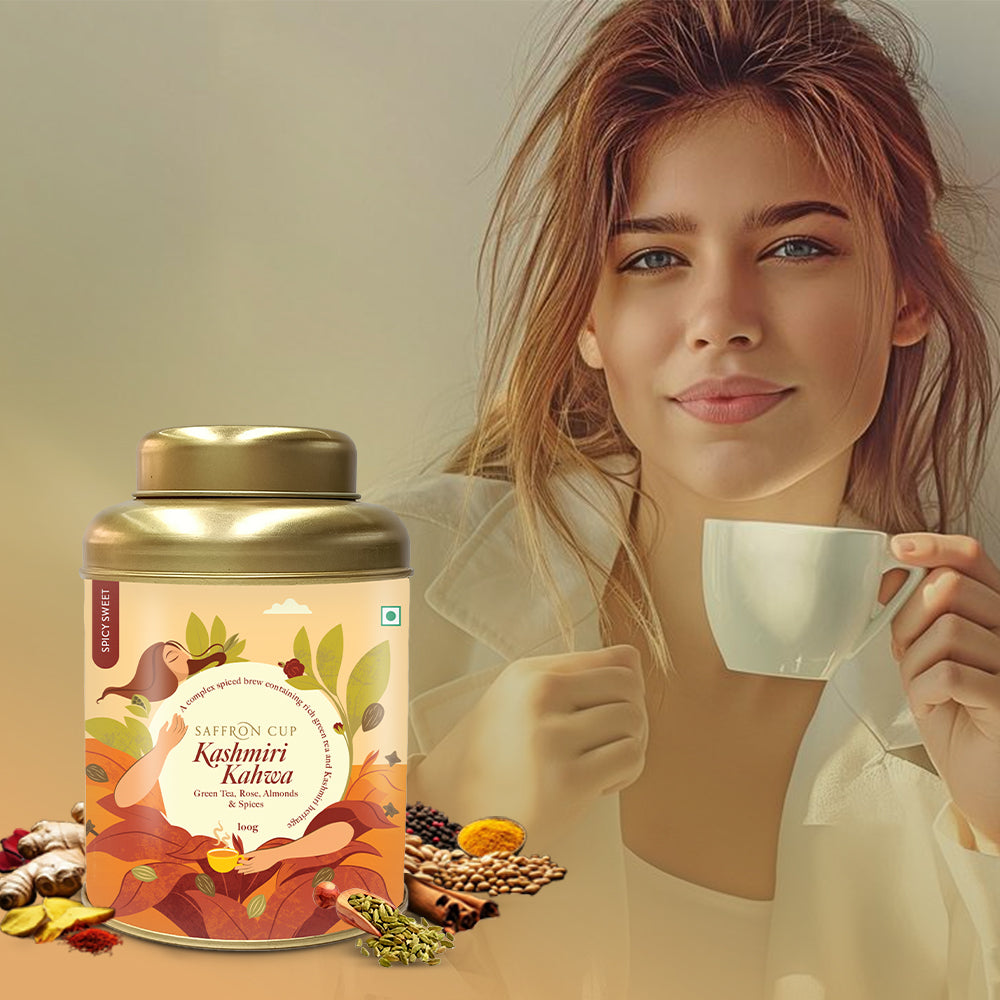Kashmiri Kahwa Green Tea – 200g | Saffron, Cinnamon, Almonds, Rose Petals - saffroncup