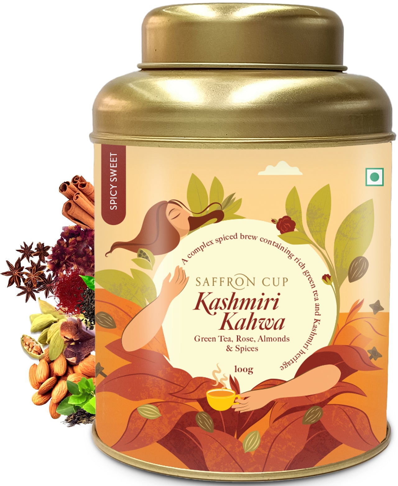Kashmiri Kahwa Green Tea – 100g | Saffron-Infused, Cardamom, Almonds - saffroncup