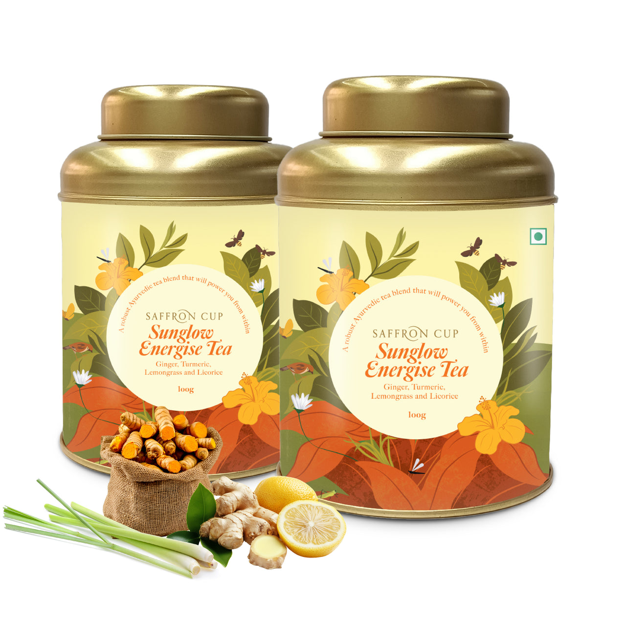 Saffron Cup Sunglow Energize Herbal Detox Tea (Ginger & Turmeric) – 200g, Pack of 2 (Airtight Double-Lid Tin) - saffroncup