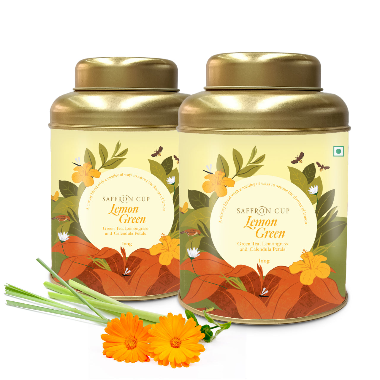 Saffron Cup Lemon Green Tea – 200gm, Pack of 2 (Airtight Double-Lid Tin) - saffroncup