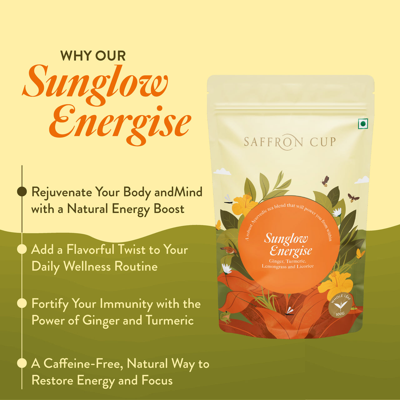 Sunglow Energize Herbal Tea – 100g | Ginger, Turmeric, Lemongrass, Orange Peel