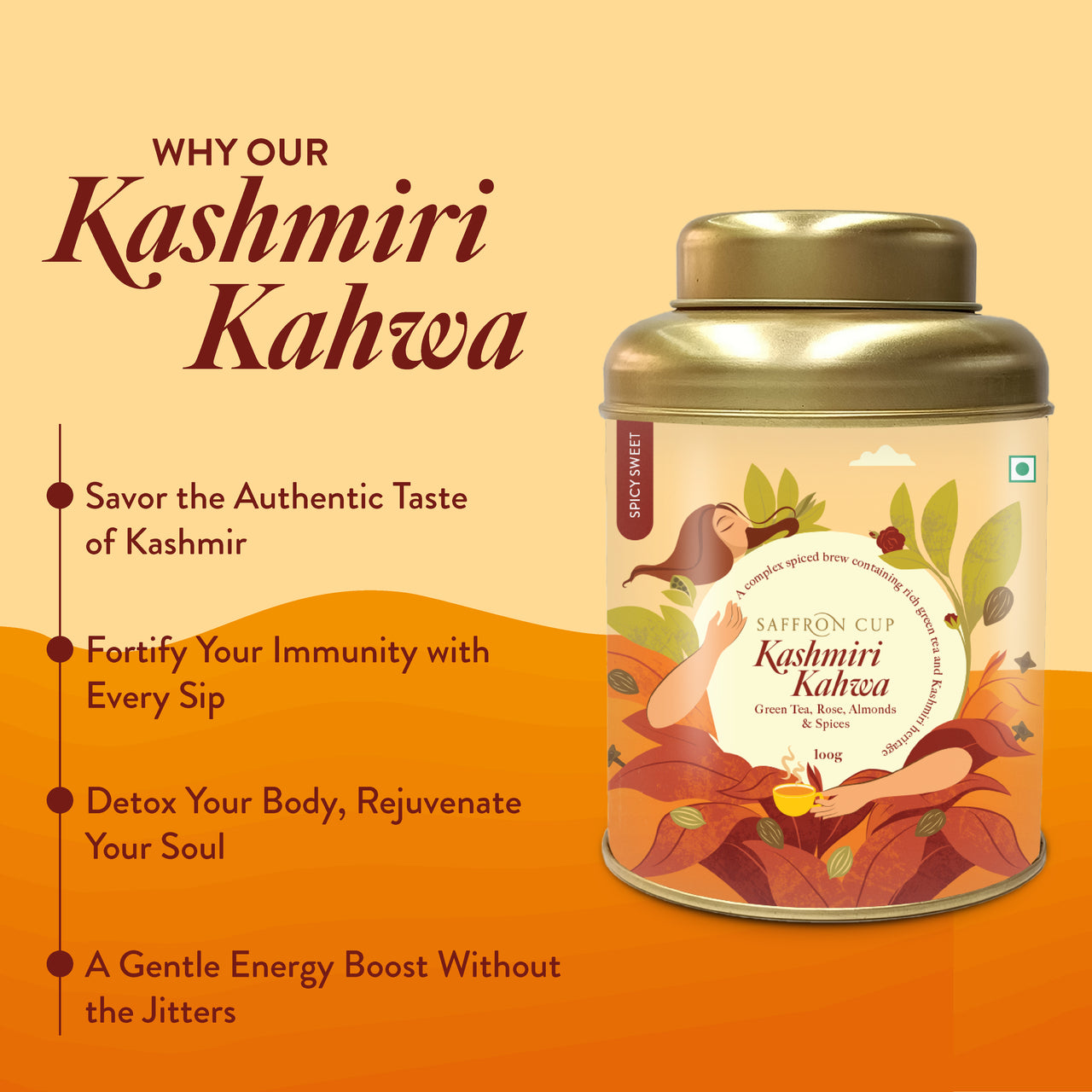 Kashmiri Kahwa Green Tea – 100g | Saffron-Infused, Cardamom, Almonds - saffroncup