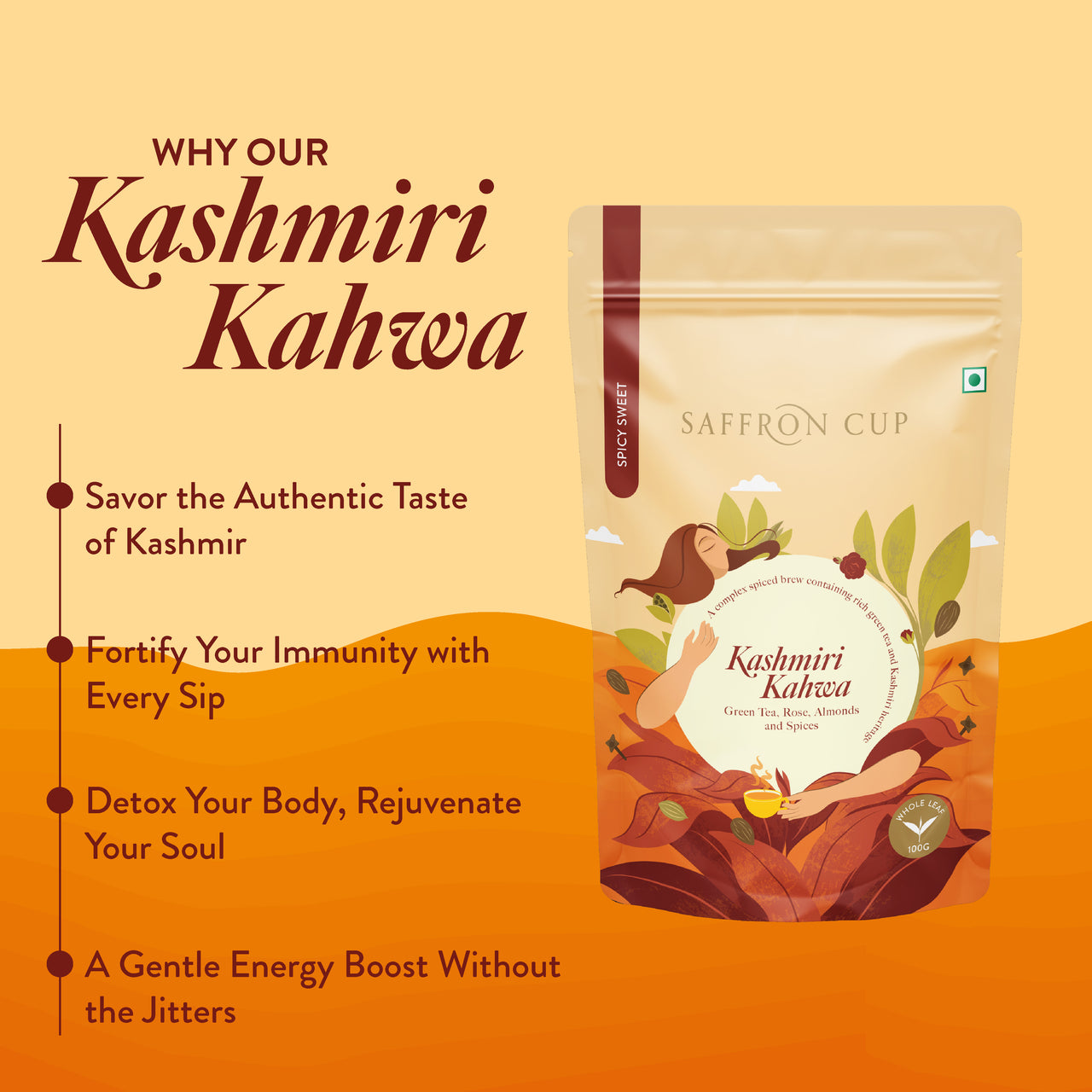 Kashmiri Kahwa Green Tea – 100g | Saffron-Infused, Cardamom, Cinnamon, Almonds - saffroncup